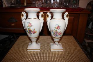 Pair Antique Porcelain Vases - White With Gold Trim - Painted Flowers - Marked 9509 5
