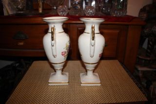 Pair Antique Porcelain Vases - White With Gold Trim - Painted Flowers - Marked 9509 6