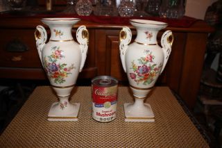 Pair Antique Porcelain Vases - White With Gold Trim - Painted Flowers - Marked 9509 7