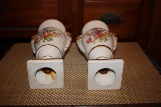 Pair Antique Porcelain Vases - White With Gold Trim - Painted Flowers - Marked 9509 8