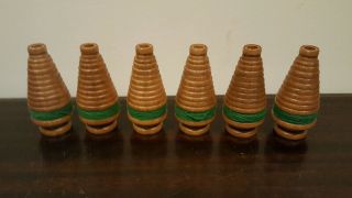 Set Of 6 Green Thread Wrapped Wooden Tree Bobbins Textile Bobbins