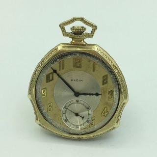 1927 Elgin Deco 17 Jewel 14k Gf Open Face Pocket Watch Size 12s No.  29321630.