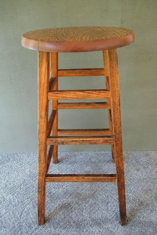 Vintage Stool,  Primitive Oak Wood,  30 " Tall,  13 - 1/4 " Round Seat,  Stand