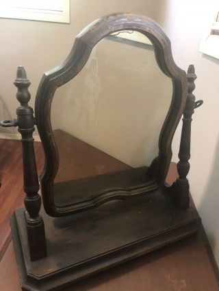 Antique Vtg Wood Framed 20 X 18 Cheval Vanity Mirror With Stand And Base