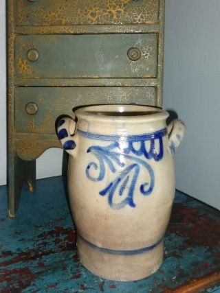 Lg Antique Westerwald Salt Glazed Crock - 9 " - Cobalt Blue Trim - Stoneware - Primitive