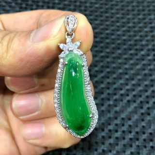 Collectible Chinese 925 Silver & Green Jadeite Jade Bless Melon Handwork Pendant