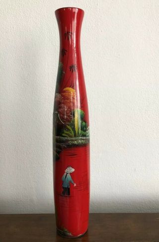 Vintage Chinese Red Lacquer Vase Hand Painted