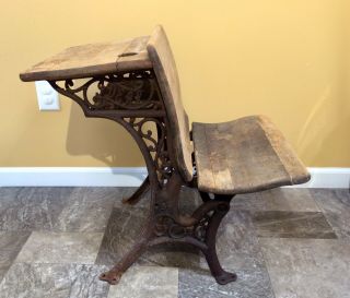 Late 1800s Ideal Antique Cast Iron Wood School Folding Student Desk Chair