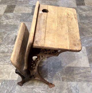 Late 1800s IDEAL Antique Cast Iron Wood School Folding Student Desk Chair 6