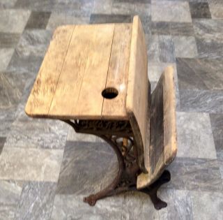 Late 1800s IDEAL Antique Cast Iron Wood School Folding Student Desk Chair 8