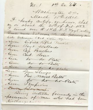 1864 Civil War Document Returned Equipment Of Discharged Soldiers