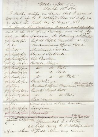 1862 Civil War Document List Of Weapons & Equipment Mass Regiment