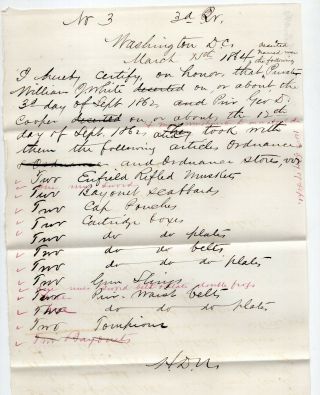 1864 Civil War Document Loss Of Equipment Due To Deserter