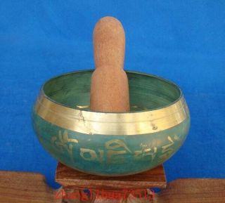 Tibetan Brass Handmade Painting Religion Prayer Sing Bowl Green