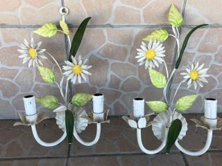Vintage Italian 50 - 60’s Pair Sconces With Daisies And Leaves