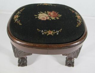 Antique 19th C Ball &claw Foot Mahogany Stool W/needlepoint Floral Spray Top Yqz