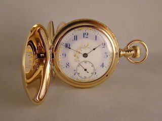 138 Years Old Elgin 14k Gold Filled Hunter Case Fancy Dial Size 16s Pocket Watch
