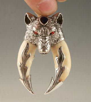 Precious China Tibetan Silver Animal Teeth Hand - Carved Wolf Head Statue Pendant