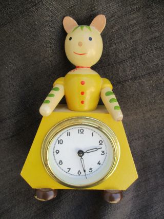 Vintage 1950s - 1960s? Wind - Up Clock W Wooden Cat Body Made In Germany Great