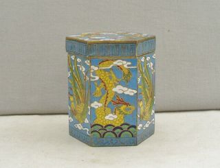 Vintage Chinese Cloisonne Enamel Hexagonal Box Dragons And Phoenix Decoration