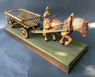 Large Hand Carved Wood Horse Drawn Wagon Great Detail