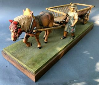 Large Hand Carved Wood Horse Drawn Wagon Great Detail 3
