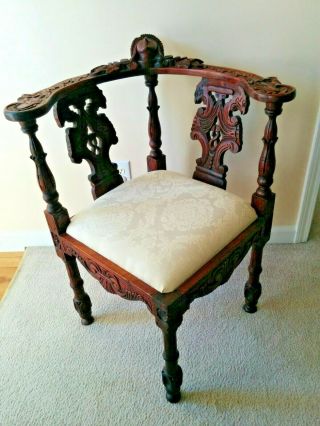 Victorian Style Carved Figurative Corner Chair Solid