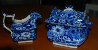 Early 19th C.  Staffordshire Blue Lidded Sugar Bowl And Creamer,  " Flower Basket "