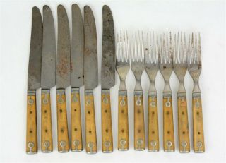 12 Civil War Era Flatware Bone Metal Inlay Knife & Fork Set Antique