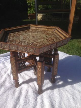 Vintage Indian 1950s Ocarionsl Portable Table/tray With Folding Legs All Inlaid