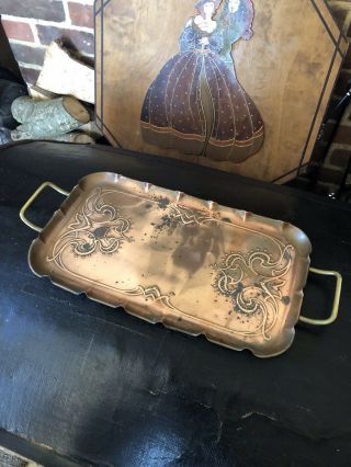 Antique Stylish Art Nouveau Rectangular Solid - Copper & Brass Tray By J S & S