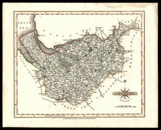 1809 John Cary Hand Colored Copper Plate Engraving Map Of Cheshire England