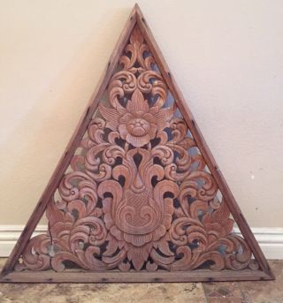 Vintage Hand Carved Wood Wall Hanging Panel Triangular Huge 35 " Thailand Bali
