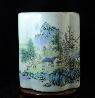 Chinese Old Hand - Made Pastel Porcelain Hand Painted Landscape Brush Pot C01