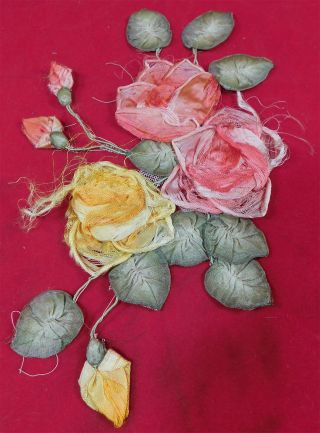 Vintage Antique French Silk Ombre Rosette Ribbon Work Applique Large Dress Trim