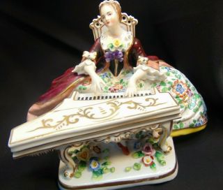 Antique Dresden Fine Porcelain Victorian Lady Playing Grand Piano Ornate