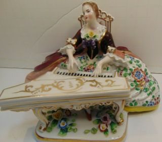 Antique Dresden Fine Porcelain Victorian Lady Playing Grand Piano Ornate 2