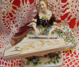 Antique Dresden Fine Porcelain Victorian Lady Playing Grand Piano Ornate 3