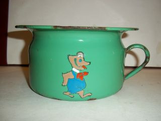 Scarce Vintage Green Enamel Childs Chamber Pot With Teddy Design