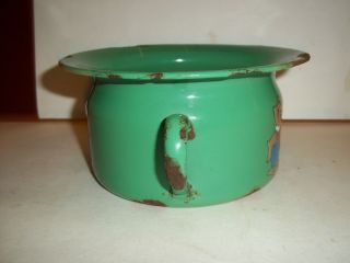 Scarce Vintage Green Enamel Childs Chamber Pot with Teddy Design 3