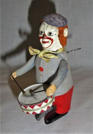 Clown Playing Drums - Schuco - Wind Up Tin Toy - Vintage Germany