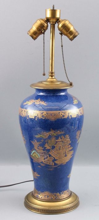 Antique Blue Porcelain Lamp Fine Gold Gilt,  Enamel Japanese Buildings Landscapes