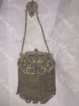 Antique (19th Century) Chatelaine Butterfly Chain Mail Purse Silver & Turquoise