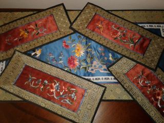VINTAGE CHINESE EMBROIDERY SILK PANELS SLEEVES 4 SET LABELS 5