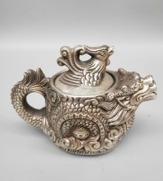 Chinese Antique White Copper Dragon And Phoenix Teapot Crafts Statue