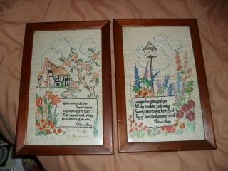 2 1947 Framed Hand Embroidered Pictures - Cottage Garden Patience Strong Poem