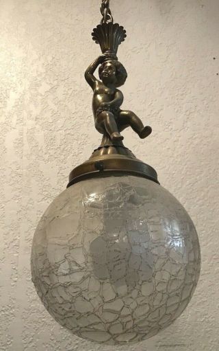 Antique Brass Hanging Pendant Ceiling Light Fixture Cherub Angel Crackled Glass