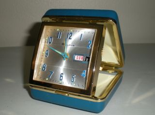 Vintage Mcm Rare " Blue Bird " Bulova Bedside Vanity Travel Clock W/ Leather Case