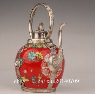 Ancient Tibet Silver Porcelain Teapot Kettle Sacred Dragon Phoenix Mascot C01