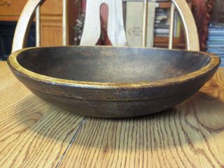 Antique Primitive Rimmed Wooden Dough Bowl Hand Turned Wood Bowl 11 1/8 "